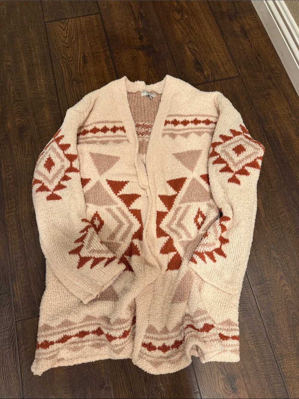 Cozy Cream & Rust Geometric Open-Front Women's Cardigan Sweater - Picture 1 of 4